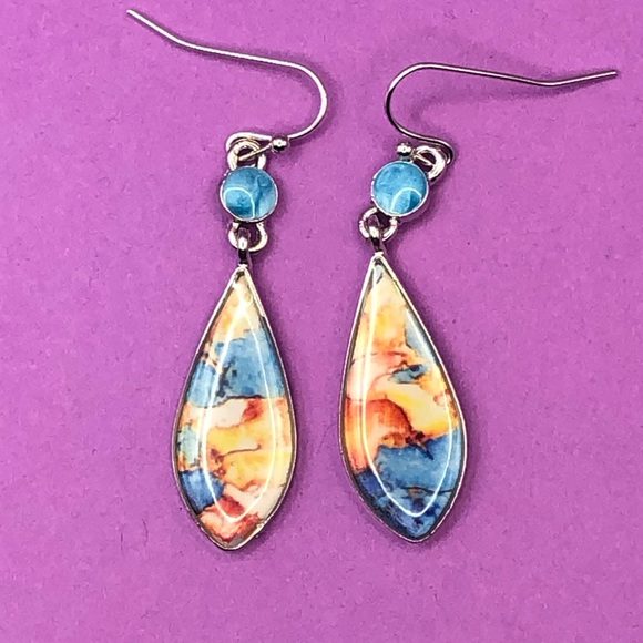 Silver Dangle Turquoise Drop Earrings Ear Hook Women Wedding Jewelry - Picture 2 of 3